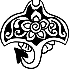 Tribal stingray tattoo for ocean symbolism, Tribal manta ray with floral Polynesian pattern, black and white ocean tattoo symbol
