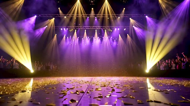 Bright concert stage with purple and yellow lights and confetti after live show