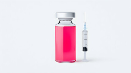 Pink Liquid in Glass Vial with Syringe on White Background