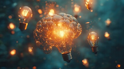 A bright, lively brain with lightbulbs floating all over it, each representing a fresh concept