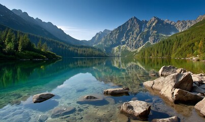 Serene mountain lake reflecting peaks (4)