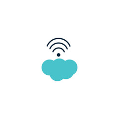 Minimalist icon of a blue cloud with wireless signal waves above it, representing cloud computing, internet-based storage, online connectivity, or data transmission. Perfect for use in tech interfaces