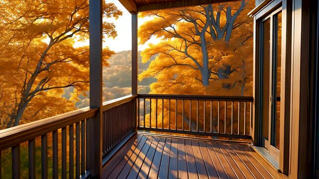 Autumn trees with orange leaves viewed from wooden deck porch of cozy forest cabin