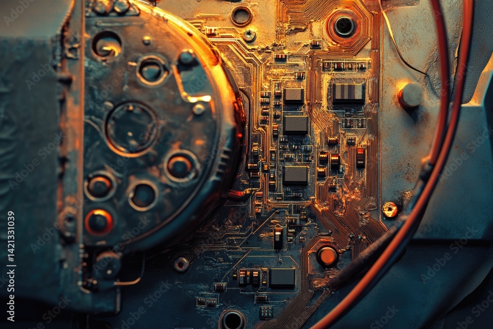Poster close-up view of a circuit board with a mechanical component, showcasing intricate wiring and aged m