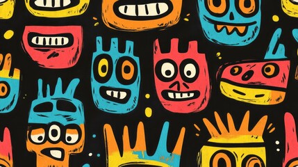 Whimsical colorful and quirky monster faces create a dynamic pattern