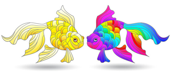 Obraz premium A set of stained glass illustrations with bright goldfish on a background of water and algae