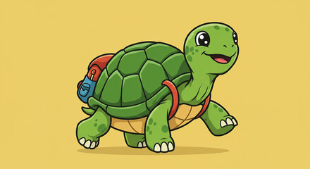 Fototapeta premium Walking Turtle with Backpack Illustration on Yellow Background