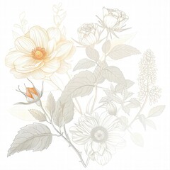 Subtle Floral Sketch: Delicate Botanical Illustration with Roses and Accents