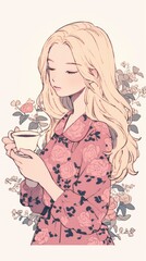 Fototapeta premium Illustration of a Woman with Long Blonde Hair Holding a Cup