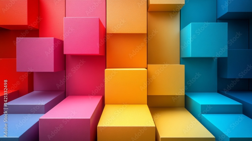 Poster dimensional array of abstract cubes in progressive color spectrum creating an artful illusion