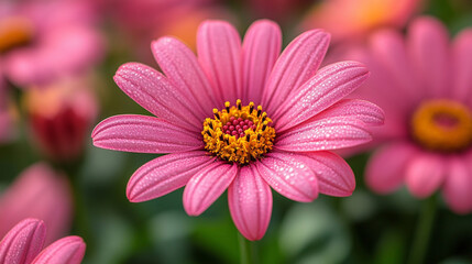 Obraz premium Close-up of a vibrant pink daisy with dew drops, surrounded by other flowers.