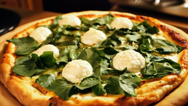 Pizza topped with spinach, ricotta, and shimmering garlic oil under practical lighting, set against a warm kitchen background. Concept of artisanal cooking and comfort food