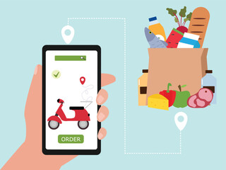 Hand holding  smartphone delivery online grocery shopping mobile phone vector  illustration