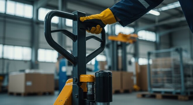 Close-up of Pallet Truck Handle and Hydraulic Pump in Factory