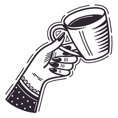 Trendy Halftone Collage Element: Grunge Punk Cutout Sticker of a Female Hand Holding a Coffee Mug or Black Tea Cup – Modern Retro Vector Illustration on Transparent Background
