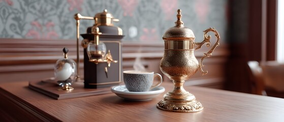 A gold coffee pot sits on a wooden table