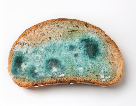 Slice of bread with green mold isolated on white backdrop. Unhealthy spoiled food.