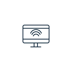 Outline icon of a computer monitor with a wireless signal symbol on the screen, representing internet access, online connectivity, networked computing, or cloud-based desktop services. Ideal for user 