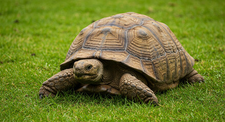 Fototapeta premium Turtle Walking on Green Grass Close Up Outdoor Animal Portrait