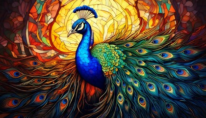 Fototapeta premium Majestic Peacock in Vibrant Stained Glass Style Art Rich Jewel Tones Detailed Feathers