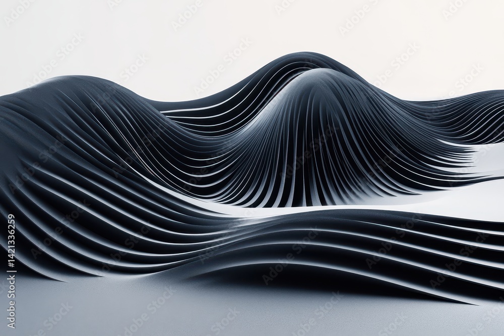 Poster abstract wavy forms in dark gray. layered, undulating structures create a sense of depth and movemen