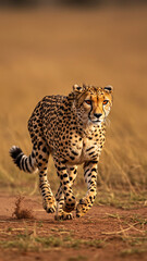 Naklejka premium A cheetah dashes at remarkable speed, highlighting its unique spotted coat and fierce demeanor, set against a blurred backdrop