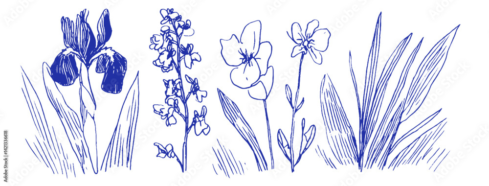 Poster delicate linear doodles of whimsical mediterranean flowers with a playful use of chalk and crayon in