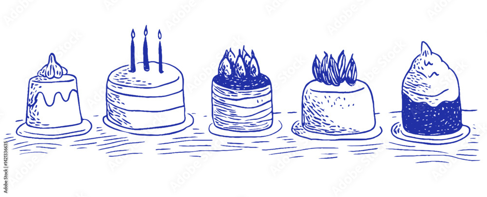 Poster delightful assortment of whimsical cakes with intricate doodles in a mediterranean-style bakery sett