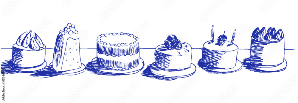 Poster Whimsical linear doodle of Mediterranean cakes on display captured in a coquette style, showcasing unique elements and textures