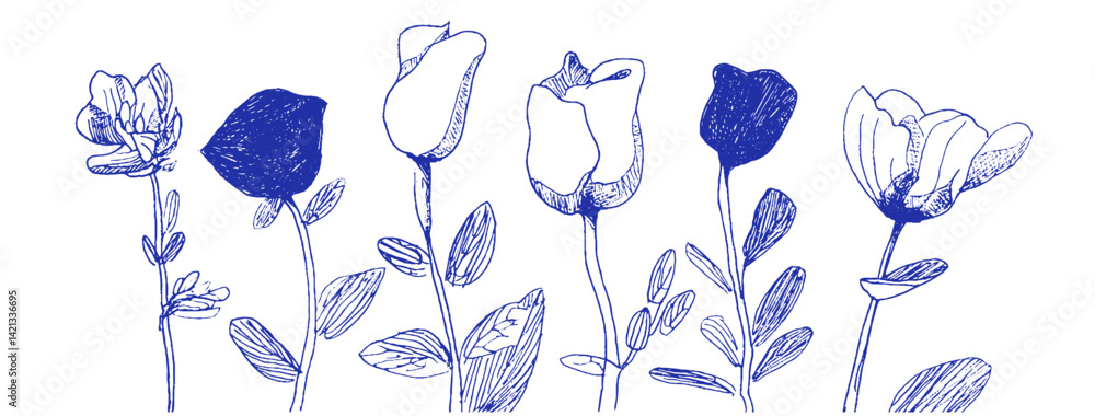 Poster whimsical drawings of mediterranean flowers in a linear style showcasing odd elements and vibrant co