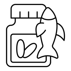 Omega capsules jar and fish thin line icon, fatty acids concept. Vector graphics. Medicine sign on white background, linear style for mobile or design.