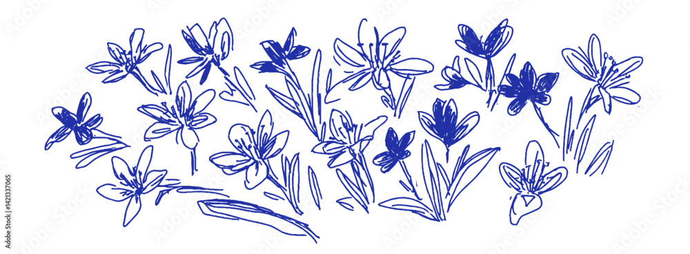 Poster whimsical doodles capturing mediterranean flora in a linear crayon style