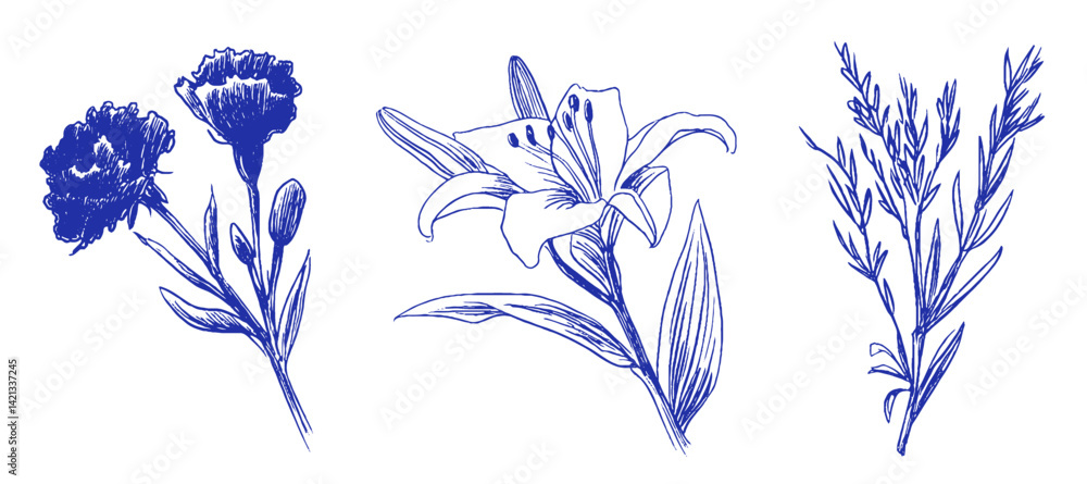 Aufkleber floral doodles capturing coquette charm with whimsical mediterranean elements in a linear design
