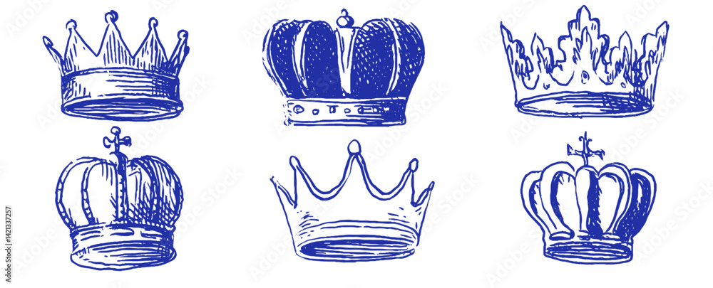 Poster illustration of whimsical crowns in various designs showcasing a mediterranean-inspired doodle style