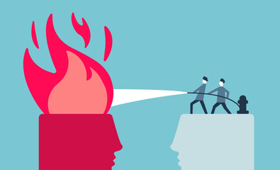Two people putting off fire in head with fire extinguisher, anger management concept illustration