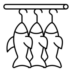 Fish drying on hooksi thin line icon, fishery product concept. Vector graphics. Wire with fish sign on white background, linear style for mobile or design.