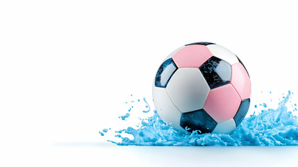 Naklejka premium Pink and White Soccer Ball Splashing in Blue Water