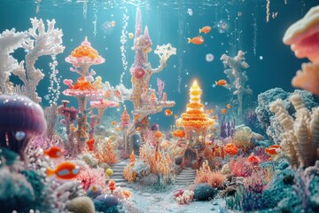 Colorful underwater coral reef filled with vibrant marine life and structures