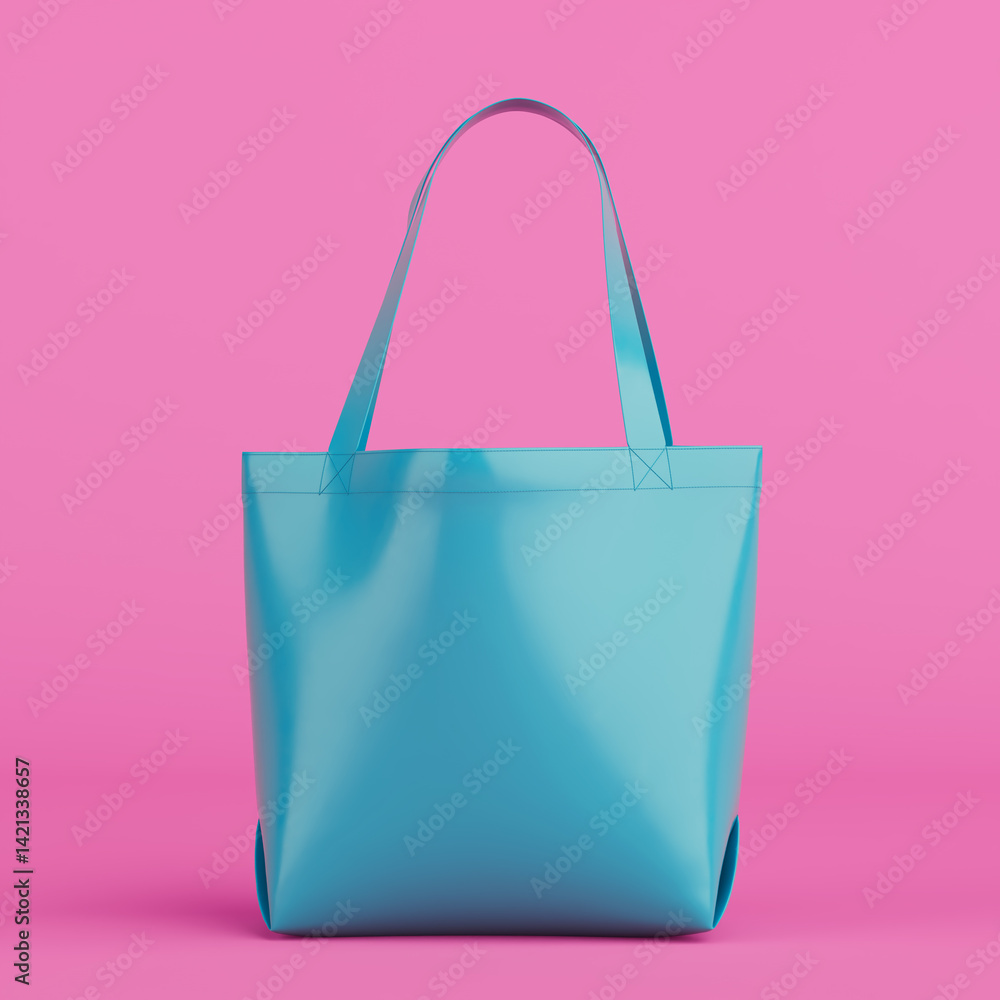 Poster blue blank textile tote bag mockup template for shopping with handles in duotone style. 3d rendering