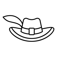Musketeer man hat with feather thin line icon, headwear concept. Vector graphics. Small cylinder hat sign on white background, linear style for mobile or design.