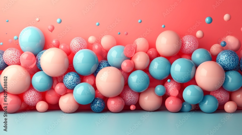 Poster abstract arrangement of pastel-colored spheres and textured orbs on a gradient background, creating 