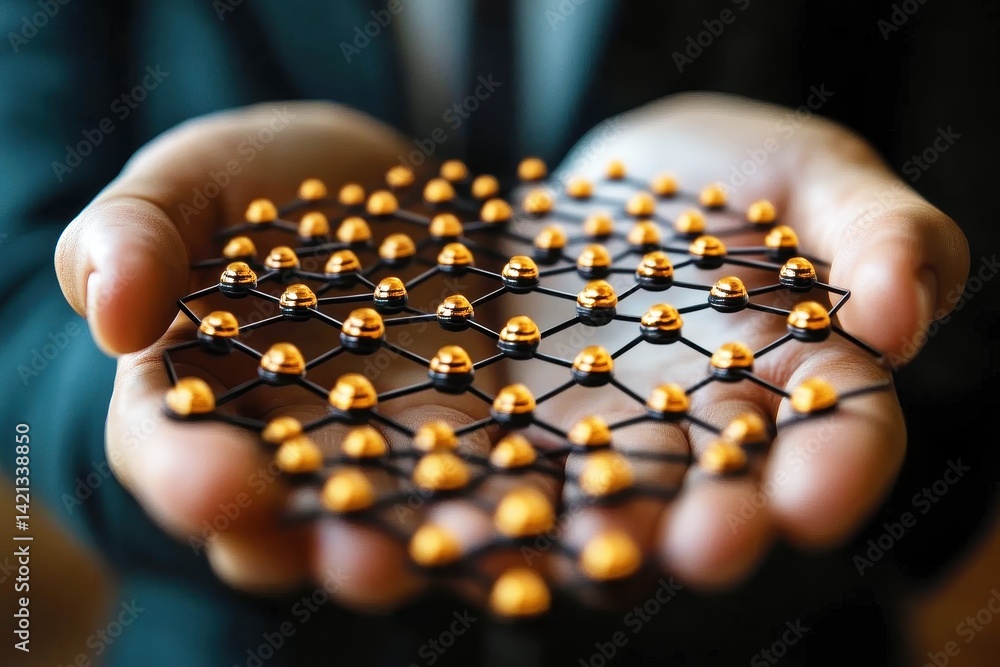 Aufkleber close-up of a person holding a molecular structure with golden nodes on a hexagonal lattice, symboli