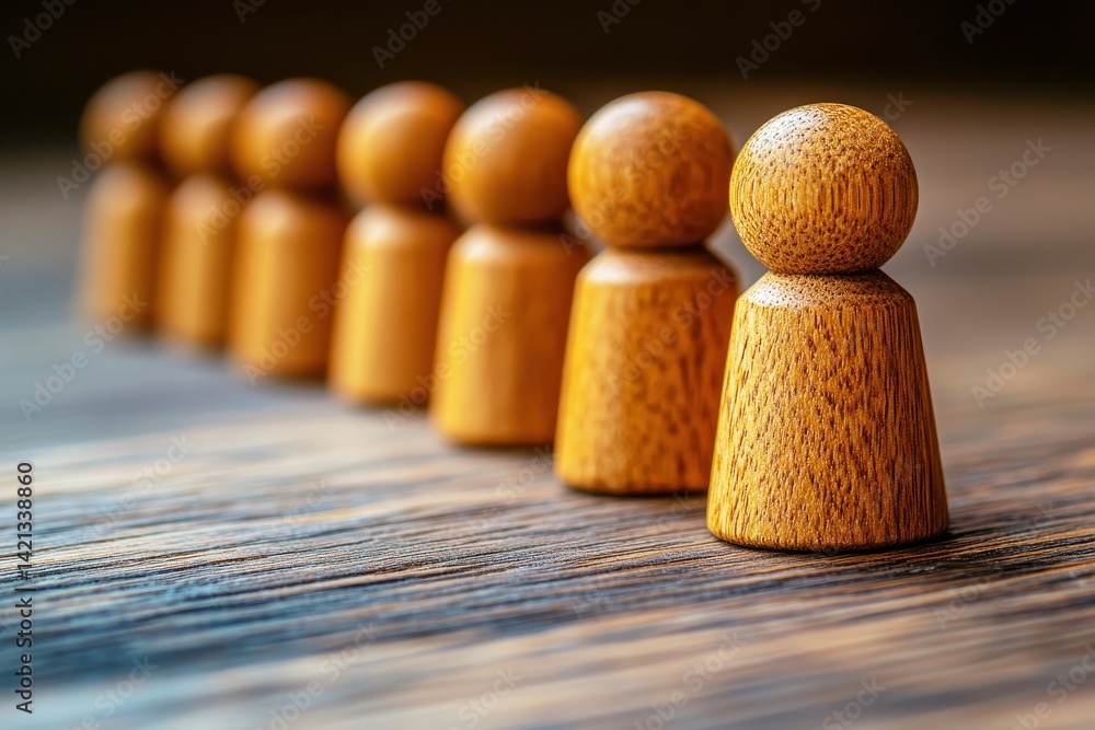 Poster wooden figurines in a row on a textured wooden surface with soft lighting and a bokeh background eff