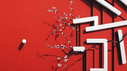 Blossoming Branch Against Red Wall with Geometric Patterns