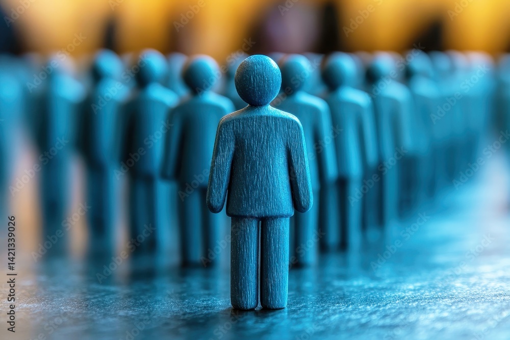Poster group of blue wooden figures representing diversity and individuality in a crowd setting with soft f