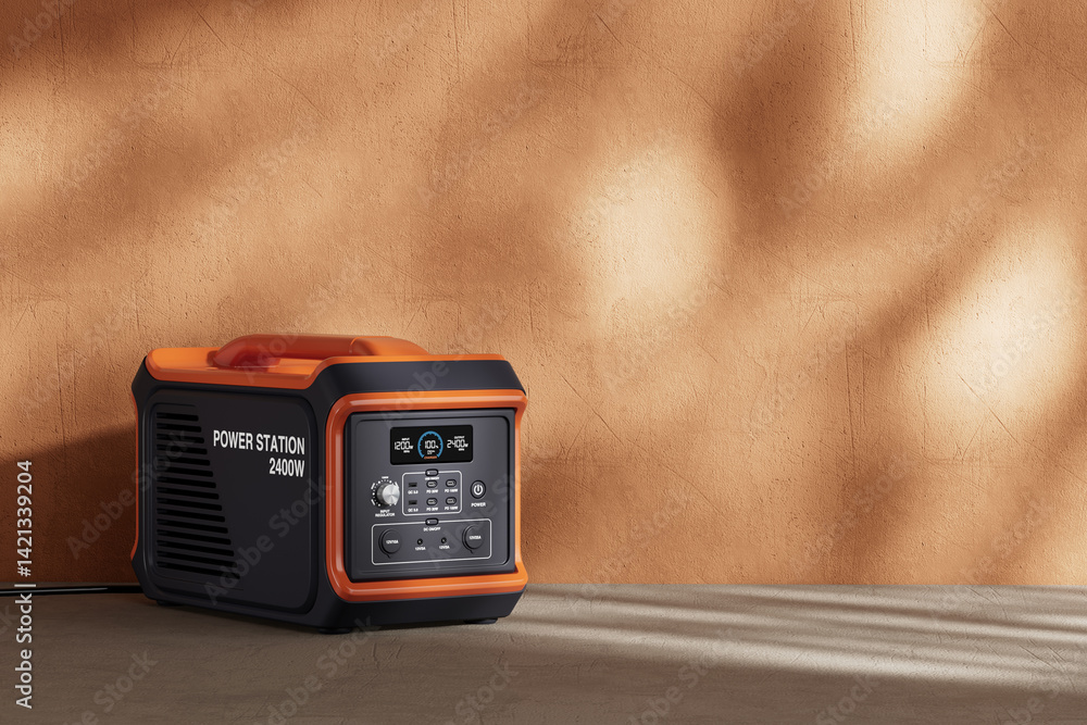Aufkleber High Capacity Portable Power Generator Station on Textured Warm Wall Background with Sunlight and Soft Shadows. 3d Rendering