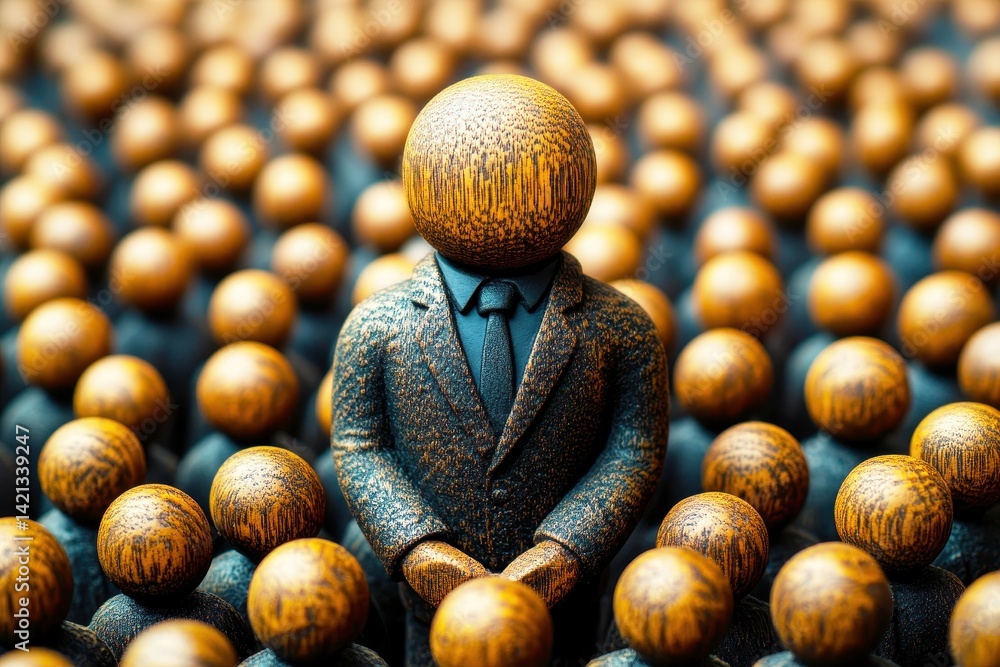 Poster unique wooden figure in suit surrounded by crowd of similar figures representing individuality and i