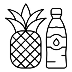 Pineapple and mineral water bottle thin line icon, thailand resort concept. Vector graphics. Pine apple fruit with bottle, drink sign on white background, linear style for mobile or design.