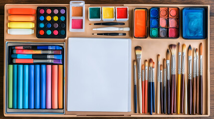 Top-down view of painter kit with art brushes, vibrant paints, and sketch pads on wooden table, arranged with care to reflect creativity, organization, artistic workspace style.