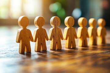 Wooden Figurines in a Row on a Table Creating a Sense of Teamwork and Collaboration in a Bright and Welcoming Environment